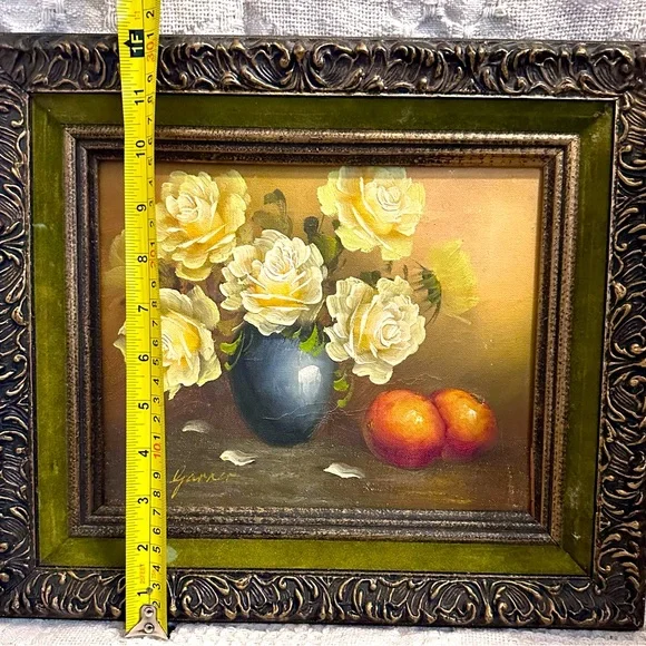 Original Oil Painting on Canvas “Roses In A Vase” Black & Gold Frame Signed